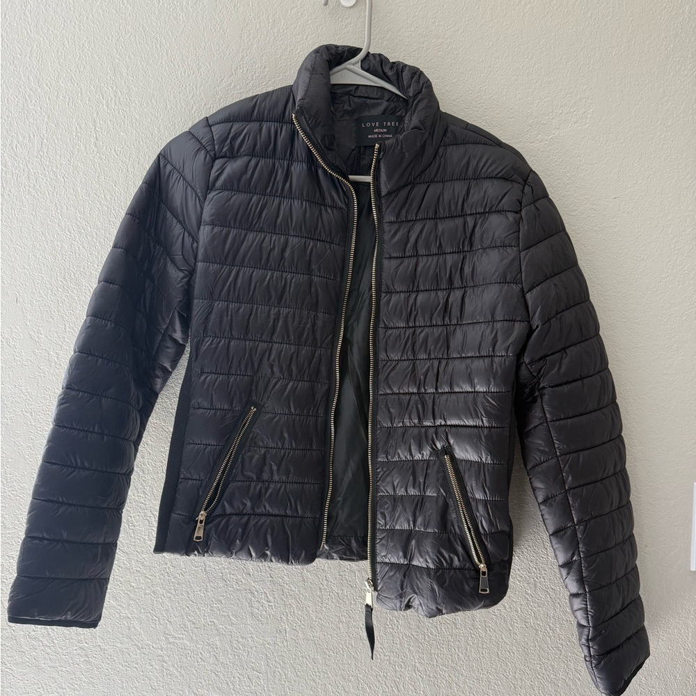 Love Tree Black Quilted Puffer Jacket Gold Zippers Size M